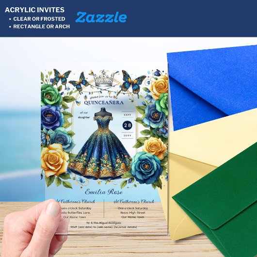 Feest Bloem Vlinders QUINCEANERA Blauw Goud Acryl Uitnodigingen