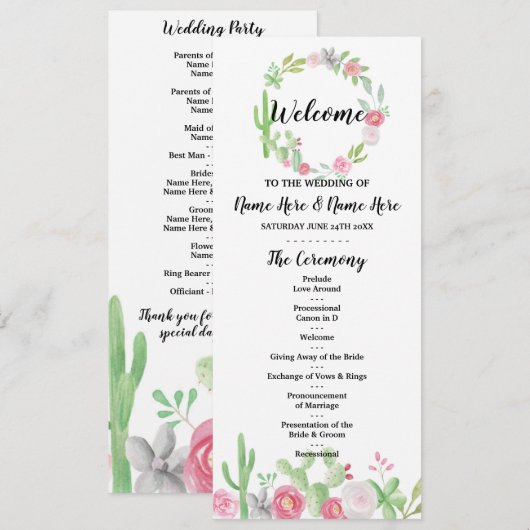 Feest Cactus Bruiloft Programma Bloemen Cacti Mexi Programmakaart (Voorkant / Achterkant)