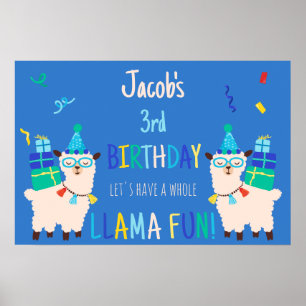 Feest Dieren Lama Verjaardag Jongens Blauw Poster
