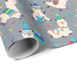 Feest Dieren Llama Verjaardagsfeestje Grijs Cadeaupapier