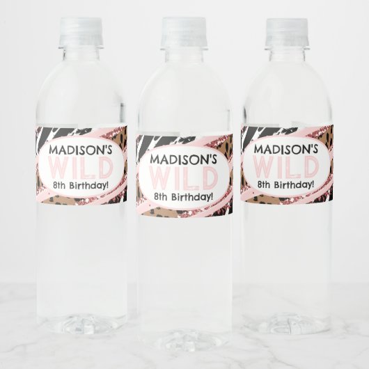 Feest Dieren Wilde Safari Roze Meisje Verjaardag Waterfles Etiket (Flessen)