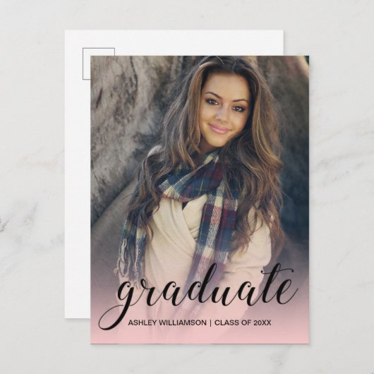 Feest Foto Roze Ombre Afstudeerfeest Uitnodiging Briefkaart (Voorkant / Achterkant)