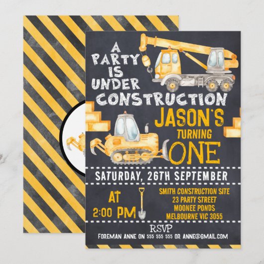 Feest in aanbouw 1e verjaardag uitnodiging (Voorkant / Achterkant)