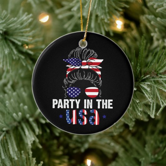Feest In De VS Rommelige Bun 4 Juli Patriottisch Keramisch Ornament (Boom)