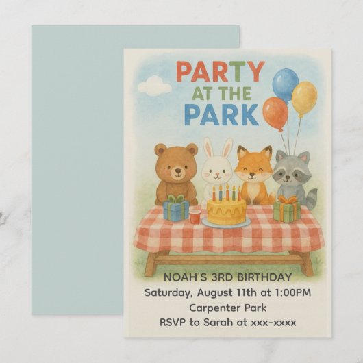 Feest in het park Animal Birthday Invitation Kaart (Voorkant / Achterkant)
