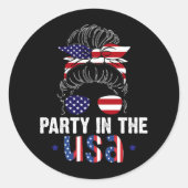 Feest In USA Messy Bun 4th Juli Patriottisch Ronde Sticker (Voorkant)