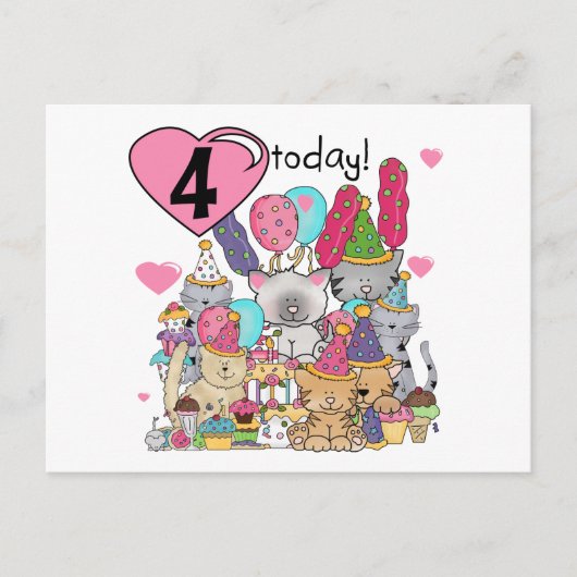 Feest Kittens 4e Verjaardag T-shirts en geschenken Uitnodiging Briefkaart (Voorkant)
