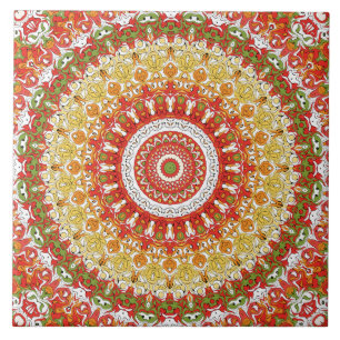 Feest Mandala Patroon in Rood, Geel en Groen Tegeltje
