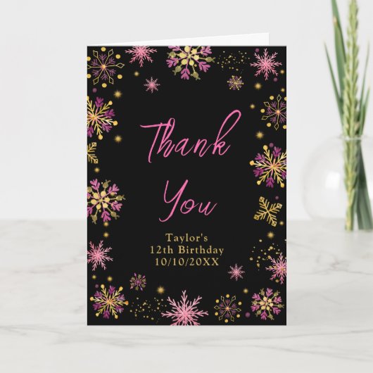 Feest met Gouden en Roze Sneeuwvlokken Bedankkaart (Voorkant)