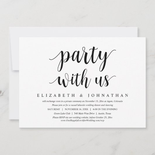 Feest met ons, Trouw Elopement Diner Dansen Kaart (Voorkant)