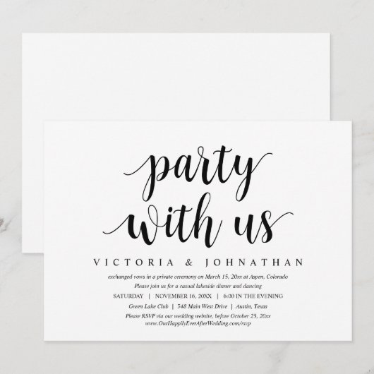 Feest met ons, Trouw Elopement Dinner Dansen Kaart (Voorkant / Achterkant)