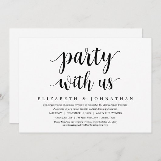 Feest met ons, Trouw Elopement Dinner Dansen Kaart (Voorkant / Achterkant)