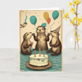 Feest met Otters Birthday Wenskaart Kaart (Gele Bloem)