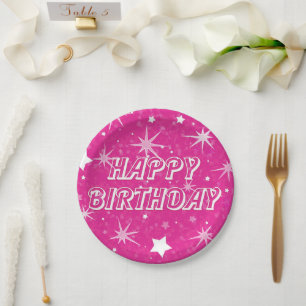 Feest met roze glinstersterren vrolijke verjaardag papieren bordje