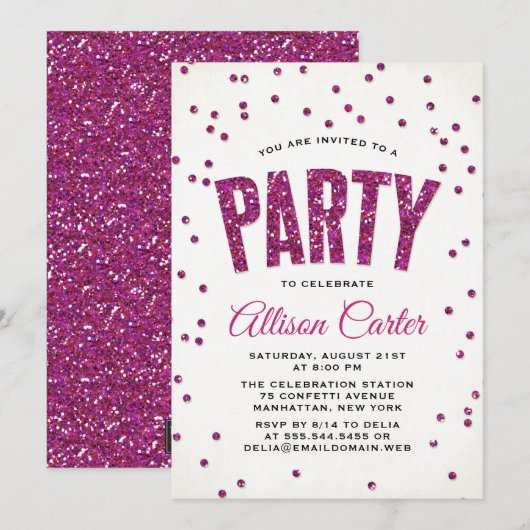 Feest met roze glitterspetters kaart (Voorkant / Achterkant)