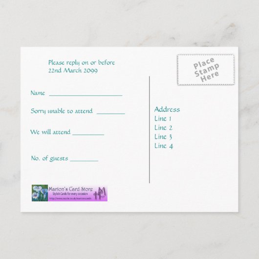 Feest of bruiloft RSVP briefkaarten - Calla Lelies (Achterkant)