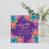 Feest onze trouwdag paarse oranje roze bloemen kaart (Staand voorkant)