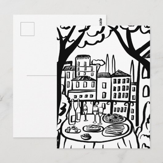 Feest op het terras Whimsical stad Handgetekend Briefkaart (Voorkant / Achterkant)