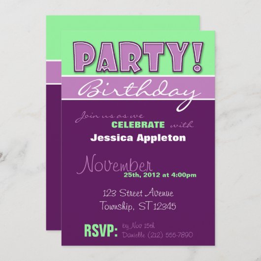 FEEST! Paarse en groene uitnodiging (Voorkant / Achterkant)