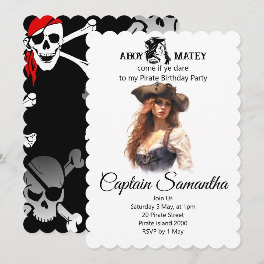 Feest Piraten Meisje thema Uitnodiging (Voorkant / Achterkant)