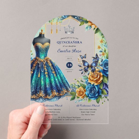 Feest Quinceanera Bloemen Vlinders Blauw Goud Acryl Uitnodigingen (Insitu (Draagbaar))