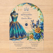 Feest Quinceanera Bloemen Vlinders Blauw Goud Acryl Uitnodigingen (Voorkant)