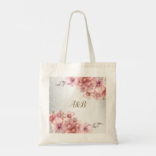 Feest Roze Aquarel Bloemen Glanzende Glitters Mode Tote Bag (Achterkant)