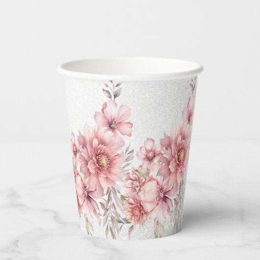 Feest Roze Waterverf Bloemen Glanzende Glitter Mod Papieren Bekers (Achterkant)