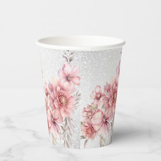 Feest Roze Waterverf Bloemen Glanzende Glitter Mod Papieren Bekers (Rechts)