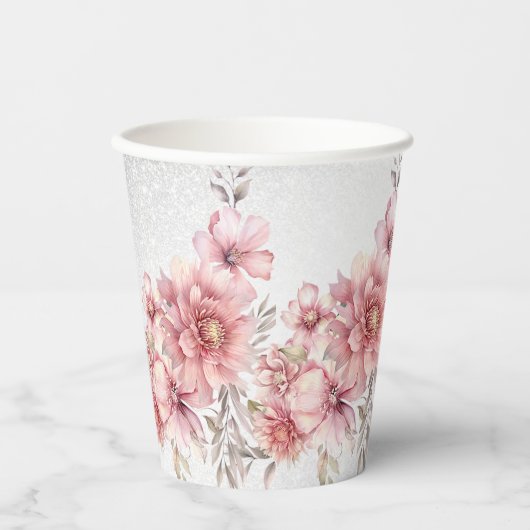 Feest Roze Waterverf Bloemen Glanzende Glitter Mod Papieren Bekers (Voorkant)