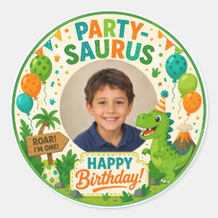 Feest-Saurus Dinosaur Eerste Verjaardag Fotolijst Ronde Sticker