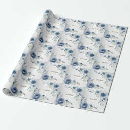 Feest Stof Blauw Aquarel Bloemen Zilver Elegant Cadeaupapier