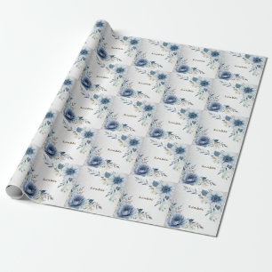 Feest Stof Blauw Aquarel Bloemen Zilver Elegant Cadeaupapier