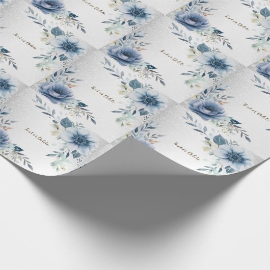 Feest Stof Blauw Aquarel Bloemen Zilver Elegant Cadeaupapier (Hoek)