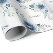 Feest Stof Blauw Aquarel Bloemen Zilver Elegant Cadeaupapier (Rol Hoek)
