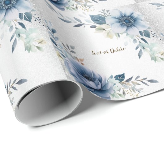 Feest Stof Blauw Aquarel Bloemen Zilver Elegant Cadeaupapier (Rol Hoek)