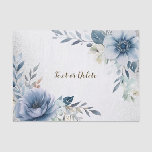 Feest Stof Blauw Aquarel Bloemen Zilver Elegant Tissuepapier (Voorkant)