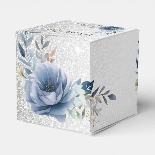 Feest Stof Blauw Waterverf Bloemen Zilver Elegant Bedankdoosjes (Achterkant)