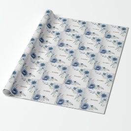 Feest Stof Blauw Waterverf Bloemen Zilver Elegant Cadeaupapier