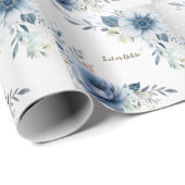 Feest Stof Blauw Waterverf Bloemen Zilver Elegant Cadeaupapier (Rol Hoek)