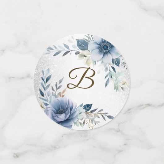 Feest Stof Blauw Waterverf Bloemen Zilver Elegant Confetti (Kleine voorkant)