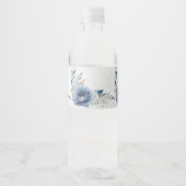 Feest Stof Blauw Waterverf Bloemen Zilver Elegant Waterfles Etiket (Voorkant)