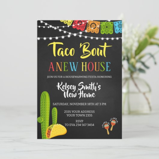 Feest Taco Over Een Nieuw Huis Housewarming Party Kaart (Staand voorkant)