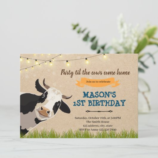 Feest tot de koeien thuis komen boerderij uitnodig kaart (Staand voorkant)
