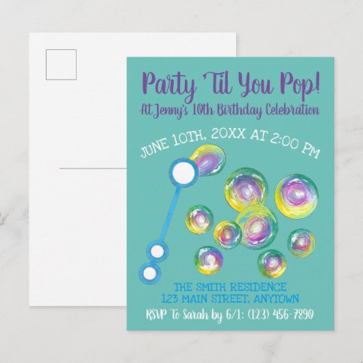 Feest tot je knalt Bubblewand Verjaardagsbubbles Uitnodiging Briefkaart (Voorkant / Achterkant)