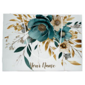 Feest Turquoise Witte Bloem Gouden Bladeren Elegan Groot Cadeauzakje (Achterkant)