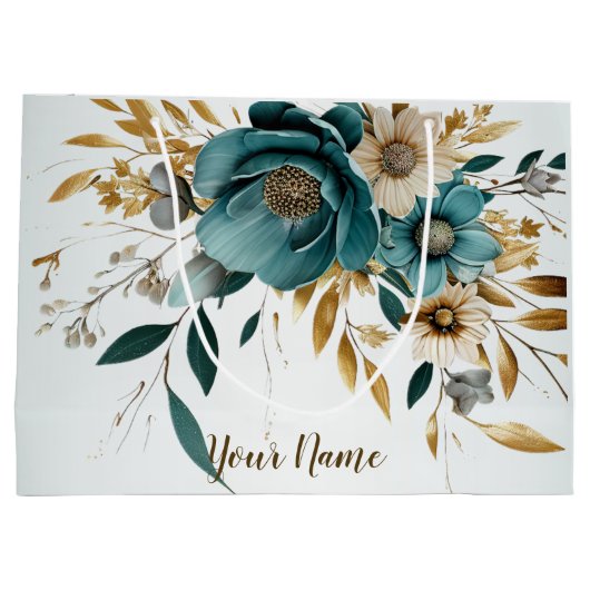 Feest Turquoise Witte Bloem Gouden Bladeren Elegan Groot Cadeauzakje (Achterkant)