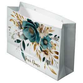 Feest Turquoise Witte Bloem Gouden Bladeren Elegan Groot Cadeauzakje