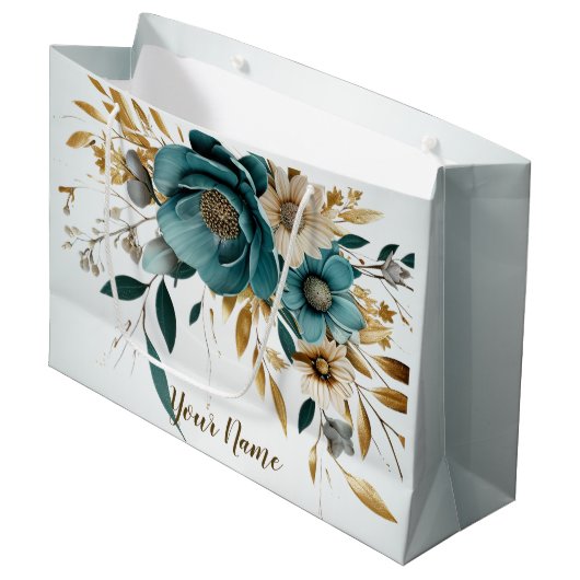 Feest Turquoise Witte Bloem Gouden Bladeren Elegan Groot Cadeauzakje (Voorkant Gekanteld)