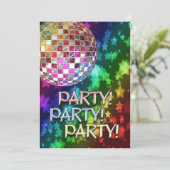 FEEST uitnodiging met discobal en regenboog van st (Staand voorkant)